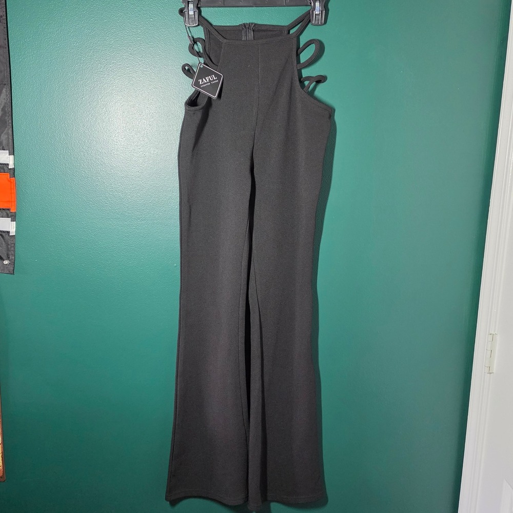 Zaful Black High Neck Strappy Cut Out Side Wide Leg Jumpsuit Size S NWT